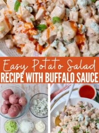 potato salad in a bowl and ingredients for potato salad in glass bowls on a white wood board