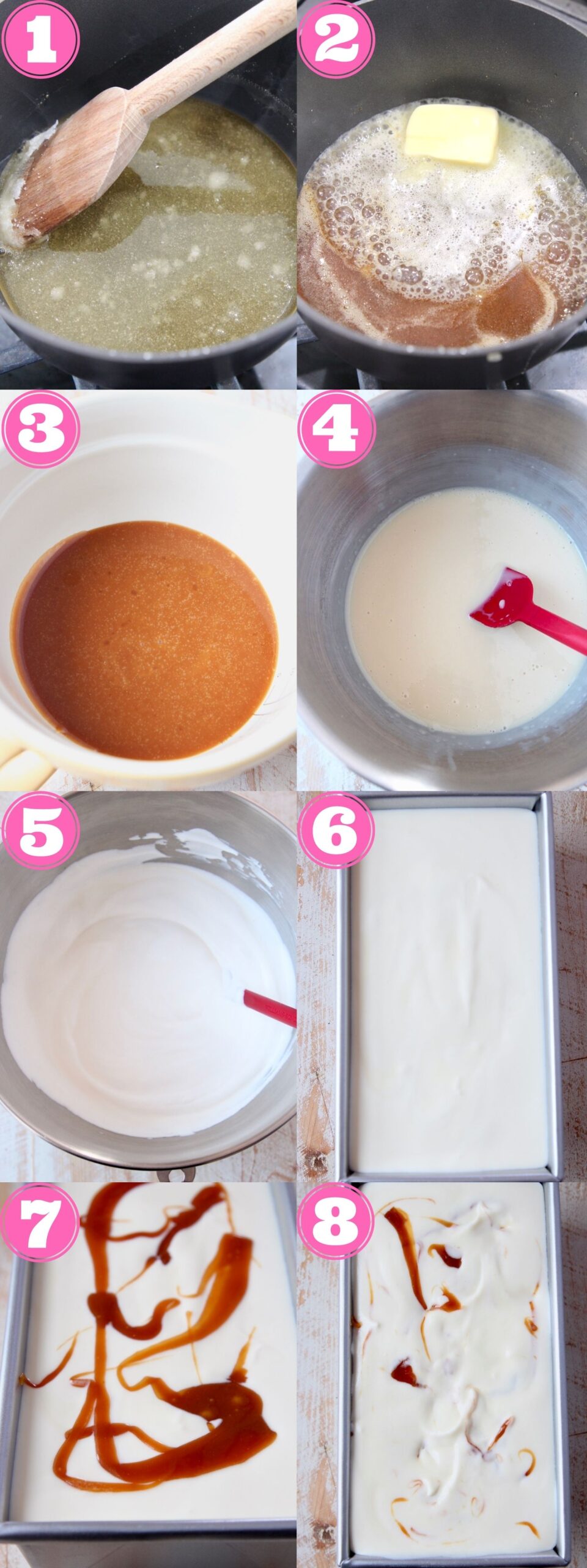 collage of images showing how to make no churn salted caramel ice cream