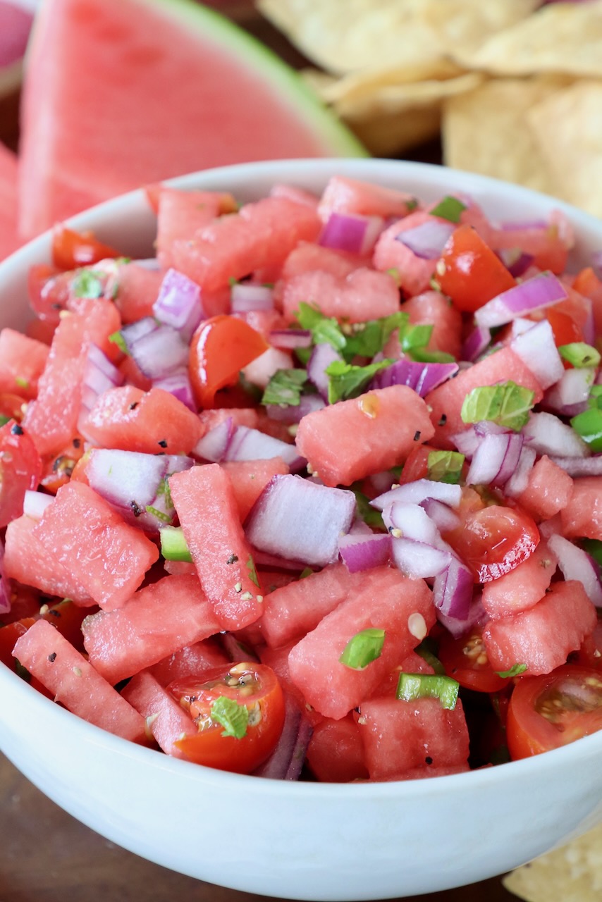 watermelon salsa in a white bowl