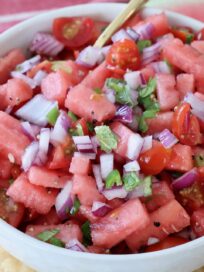 watermelon salsa in white bowl