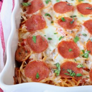pizza baked spaghetti in casserole dish