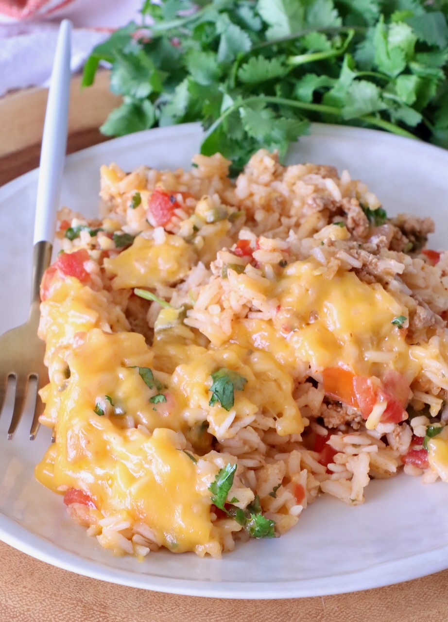 A plate of cheesy Mexican rice with ground meat, tomatoes, and cilantro, served on a white dish with a fork.