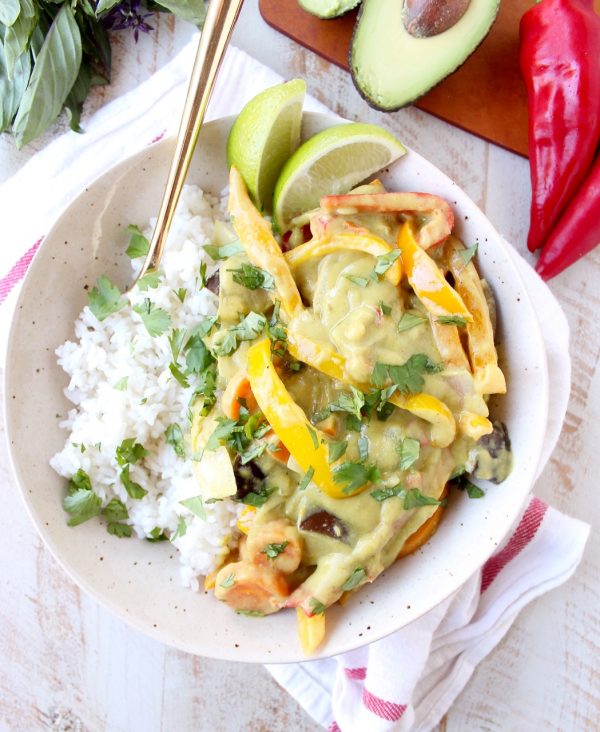 Avocado adds an extra rich, creamy flavor and texture to this Thai Green Curry Sauce, perfect for simmering with veggies in this Vegan Avocado Curry Recipe!