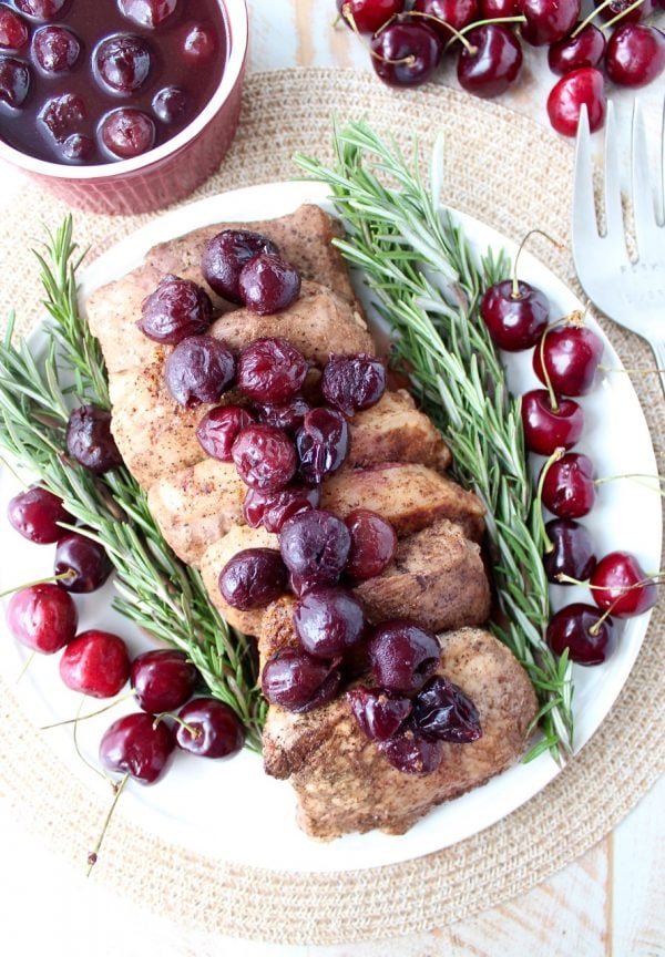 Tender, juicy, flavorful pork chops are roasted in the oven, or cooked in a sous vide, then finished off with a simple and delicious cherry balsamic glaze!