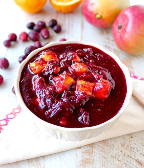 Chipotle peppers & fresh mango add smokey, sweet & tropical flavors to a traditional cranberry sauce, delicious as a ham glaze or perfect served with turkey!