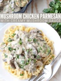 Overhead image of chicken in creamy mushroom sauce over pasta on plate