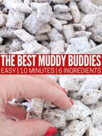 muddy buddies in bowl with hand reaching into the bowl