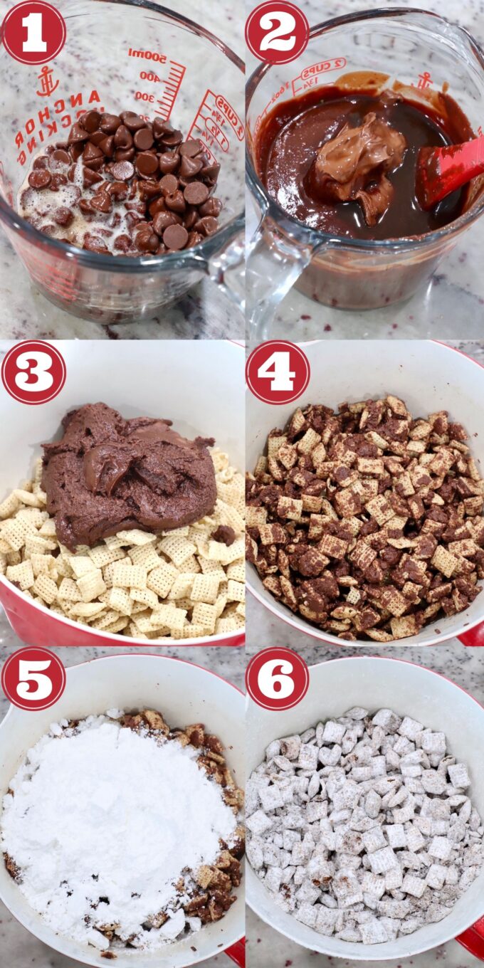 collage of images showing how to make muddy buddies