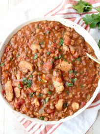 Chicken tikka masala and lentils are cooked together in an Instant Pot for an easy, gluten free weeknight meal made in under an hour!