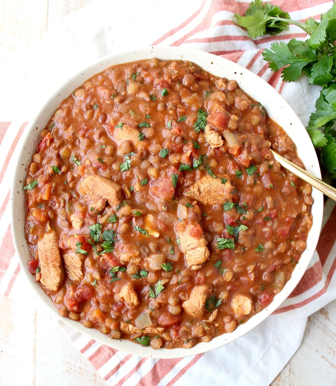 Chicken tikka masala and lentils are cooked together in an Instant Pot for an easy, gluten free weeknight meal made in under an hour!