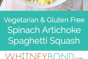 Baked spaghetti squash is tossed with a simple spinach artichoke sauce in this healthy, gluten free and vegetarian recipe, made in under an hour!