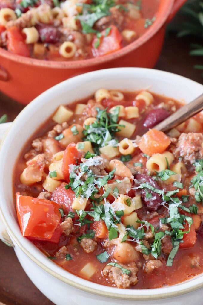 pasta fagioli soup in bowl with spoon