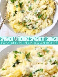 roasted spaghetti squash in bowl with spinach artichoke sauce