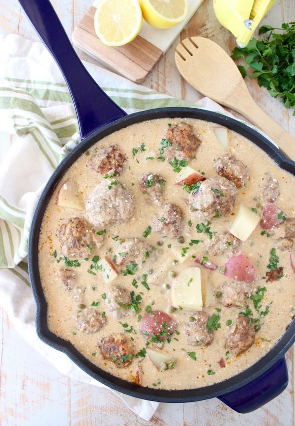 In one pot, create a delicious meal of German meatballs and potatoes in a creamy white caper sauce, incredibly flavorful and an easy dinner recipe!