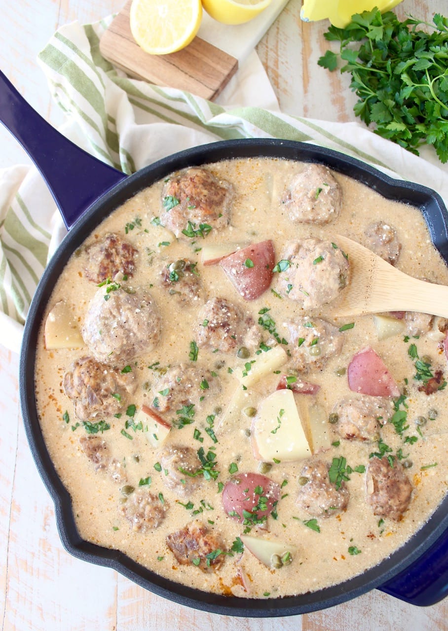 In one pot, create a delicious meal of German meatballs and potatoes in a creamy white caper sauce, incredibly flavorful and an easy dinner recipe!