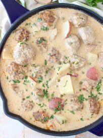 In one pot, create a delicious meal of German meatballs and potatoes in a creamy white caper sauce, incredibly flavorful and an easy dinner recipe!