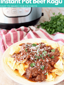 Image of shredded beef ragu, served over wide noodles on plate with fork, with text overlay on the image