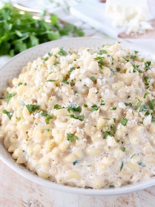 Mexican Street Corn is taken off the cob and tossed into this incredible mac and cheese recipe, which can be served as a side dish or vegetarian entree.