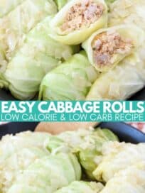 cabbage rolls in skillet with wooden spoon