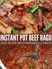 beef ragu in an instant pot with spoon and in bowl with pasta