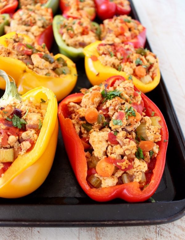 Ground buffalo chicken and carrots stuffed in bell peppers