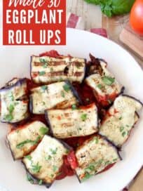 Overhead image of eggplant roll ups in bowl