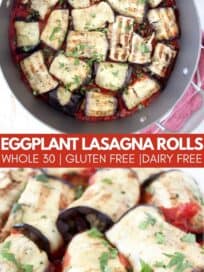 Image of eggplant roll ups on white plate and overhead image in skillet
