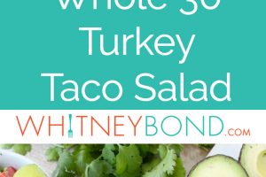 Taco seasoned ground turkey cooked with peppers, onions and tomatoes, tops this gluten free, dairy free, Whole30 taco salad recipe, made in just 20 minutes!