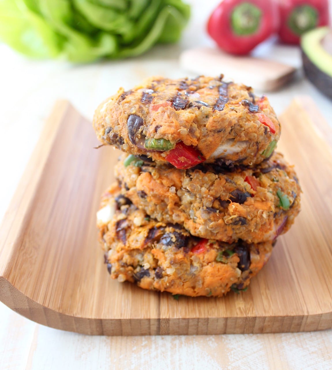 Grilled Black Bean Veggie Burgers on a wood board