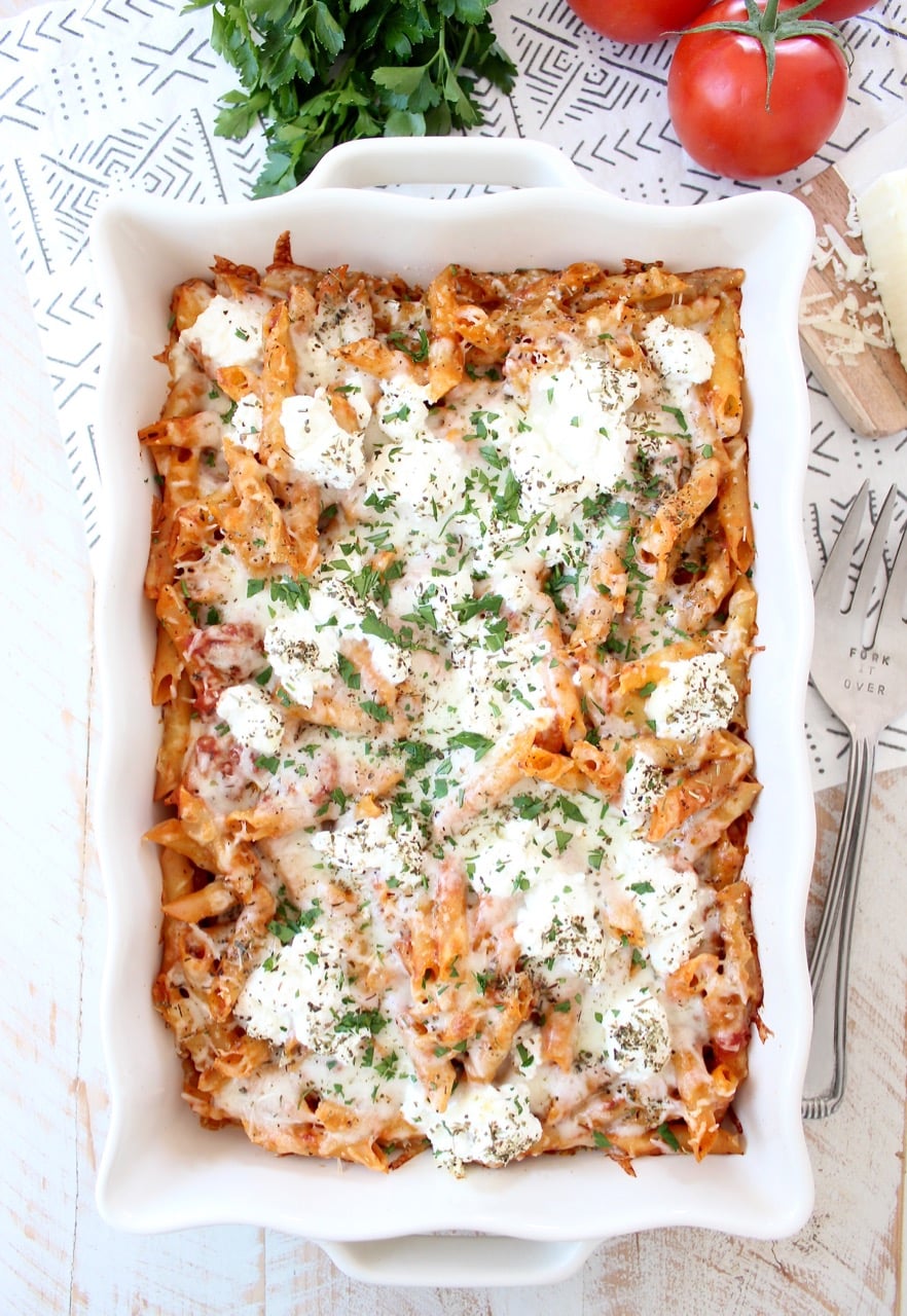 baked pasta in casserole dish topped with cheese