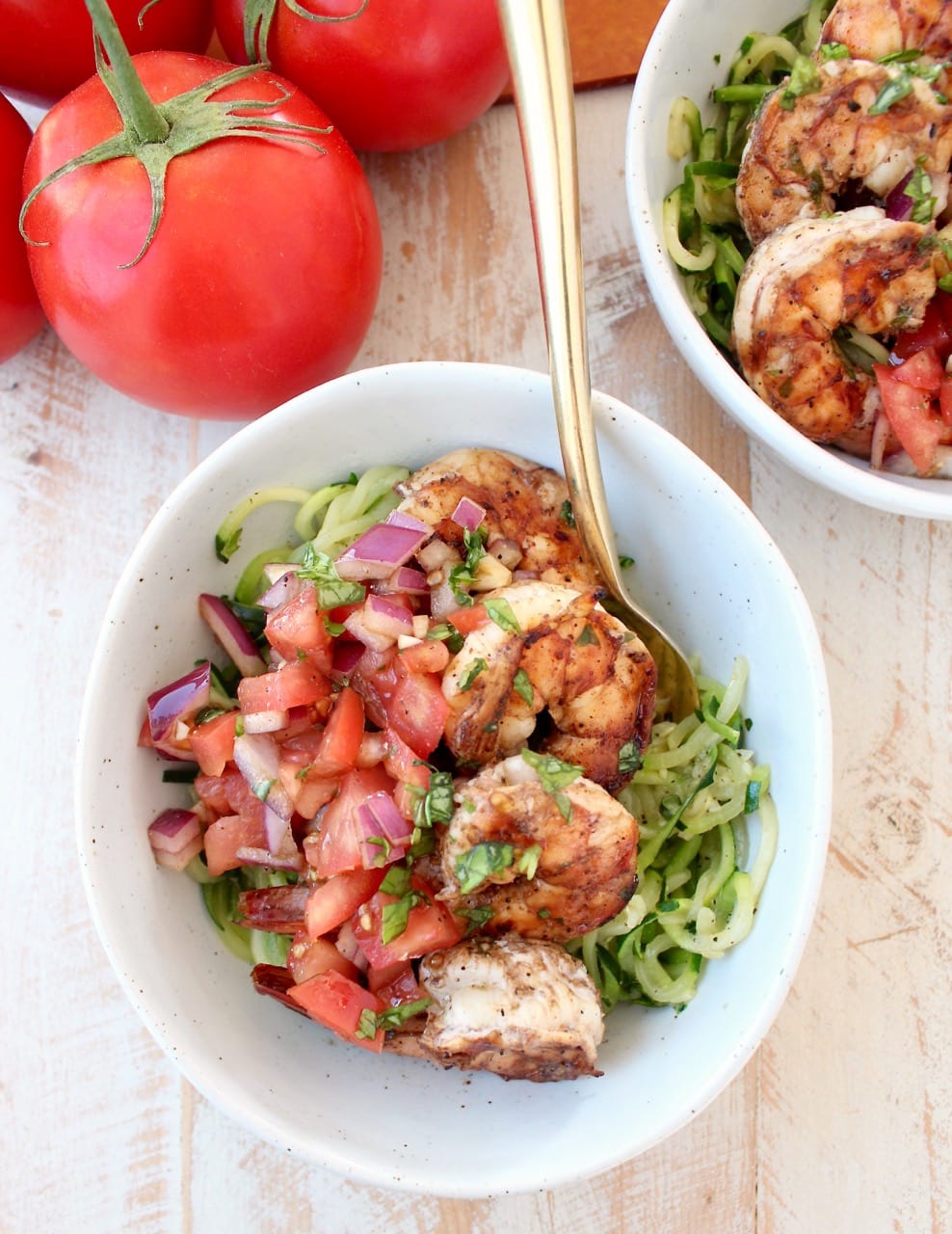 Grilled Italian Shrimp with Bruschetta and Zucchini Noodles