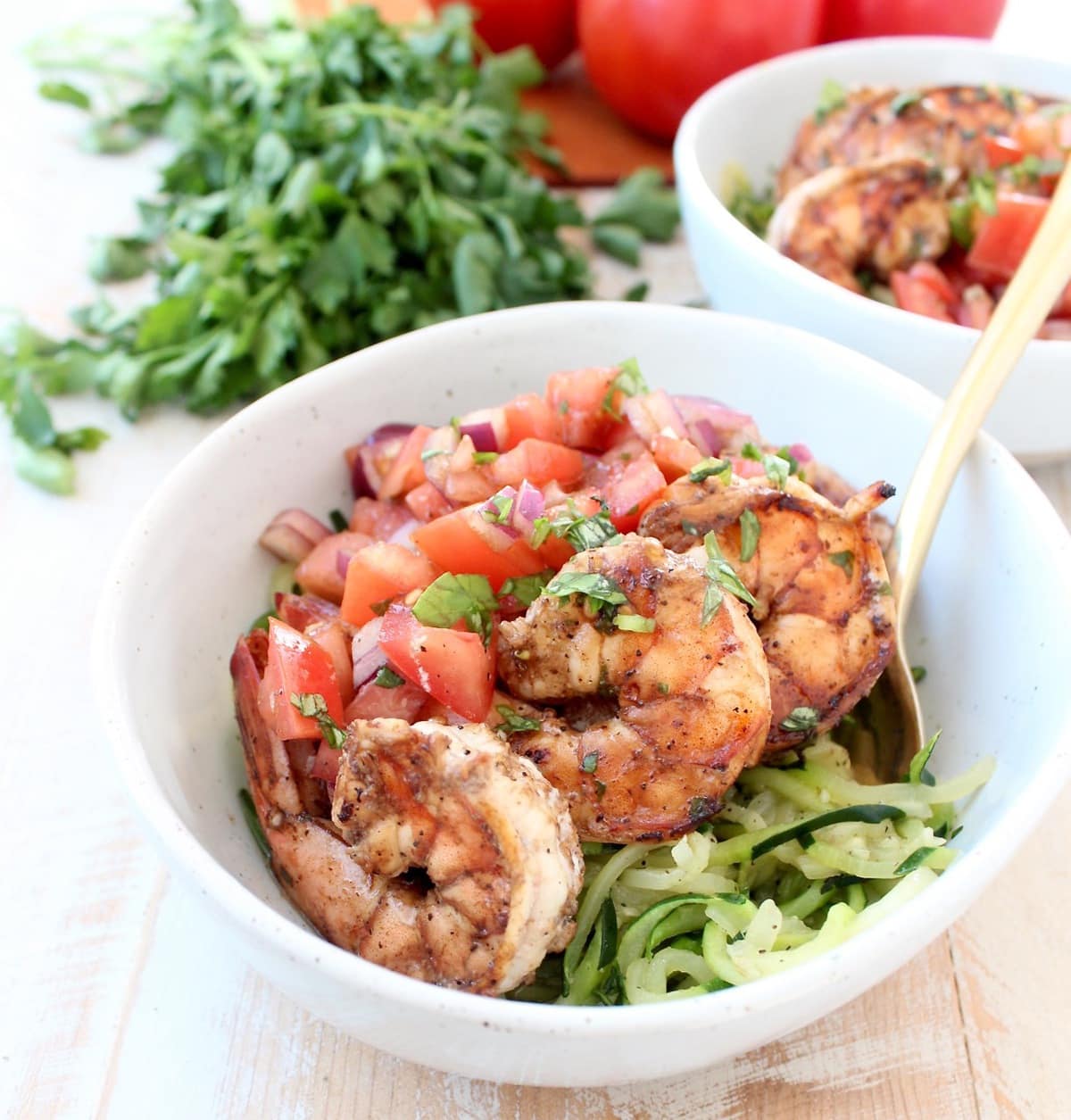 Bruschetta, Grilled Shrimp and Zucchini Noodles in Bowl