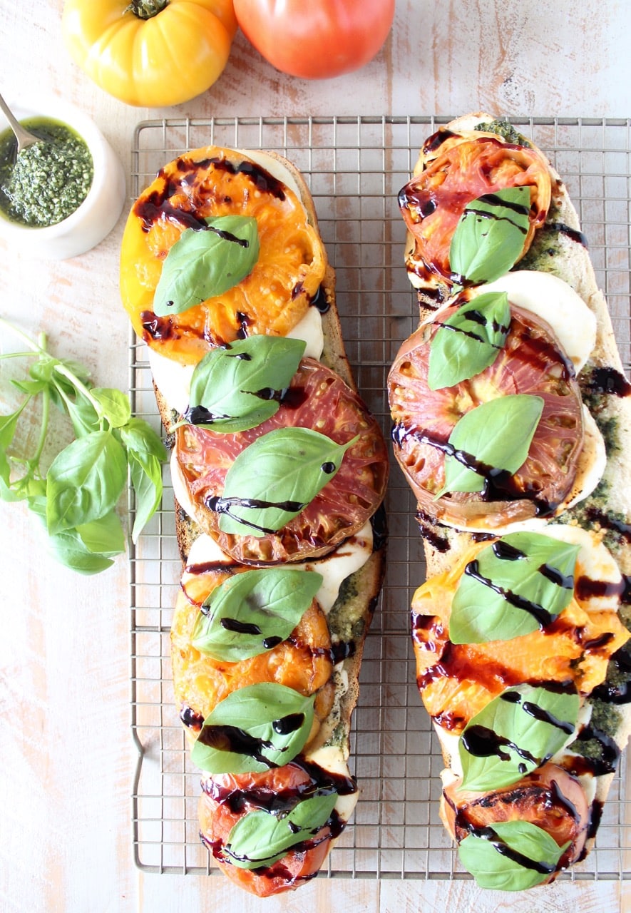 Grilled Caprese French Bread Pizza with Heirloom Tomatoes and Balsamic Reduction