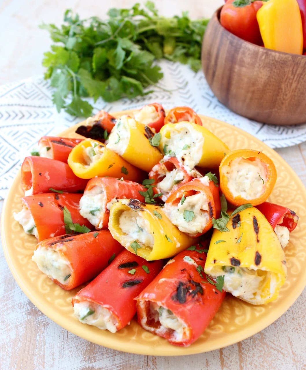 Grilled Sweet Mini Peppers Stuffed with Jalapeno Artichoke Dip