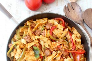 Drunken Noodles in Skillet with Text Overlay