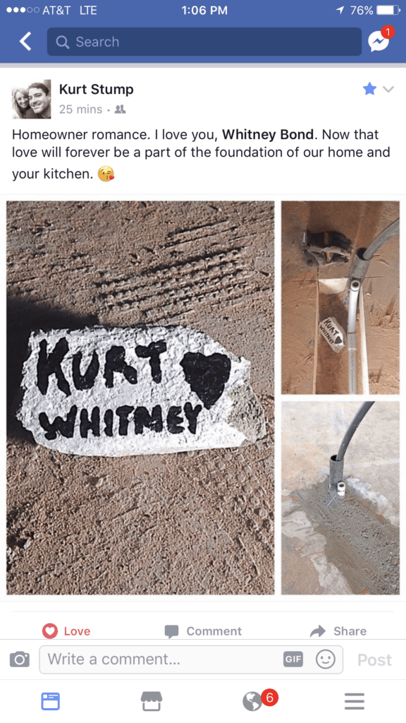 Love rock placed in channel dug in kitchen