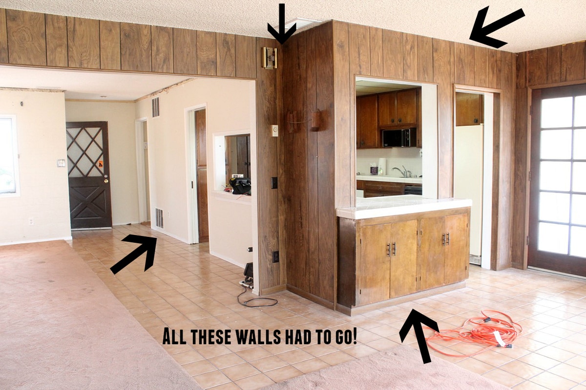 Old kitchen with brown wood paneling