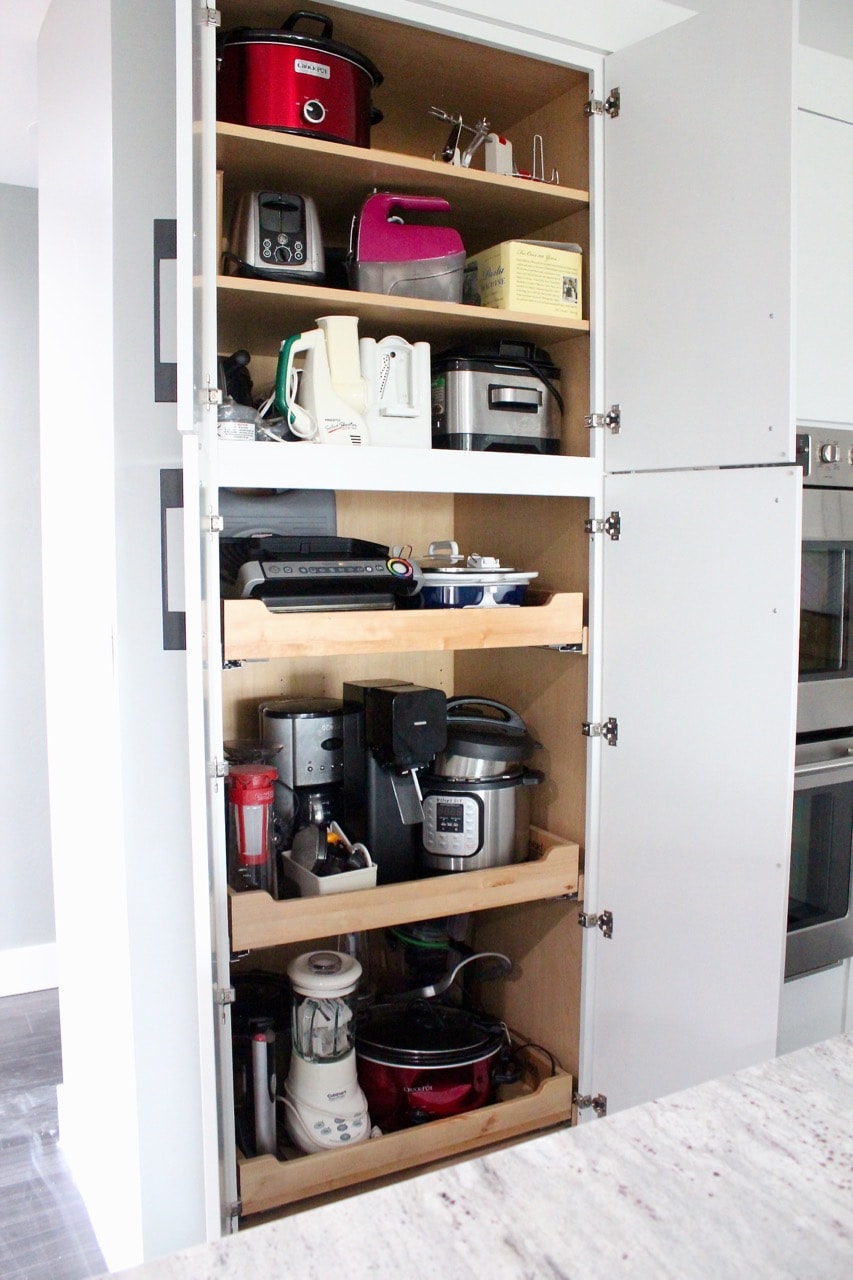 Appliance pantry with pull out shelves for crock pots, instant pots, blenders and toasters