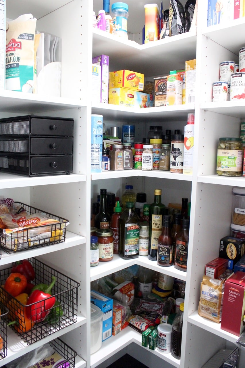 Kitchen pantry organization for sauces, canned goods and baking supplies