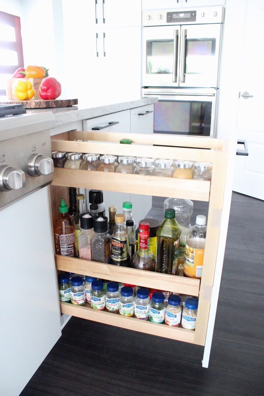 Pull out kitchen cabinet organizer for spices, oils and vinegars