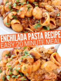 prepared enchilada pasta in large white bowl with serving spoon