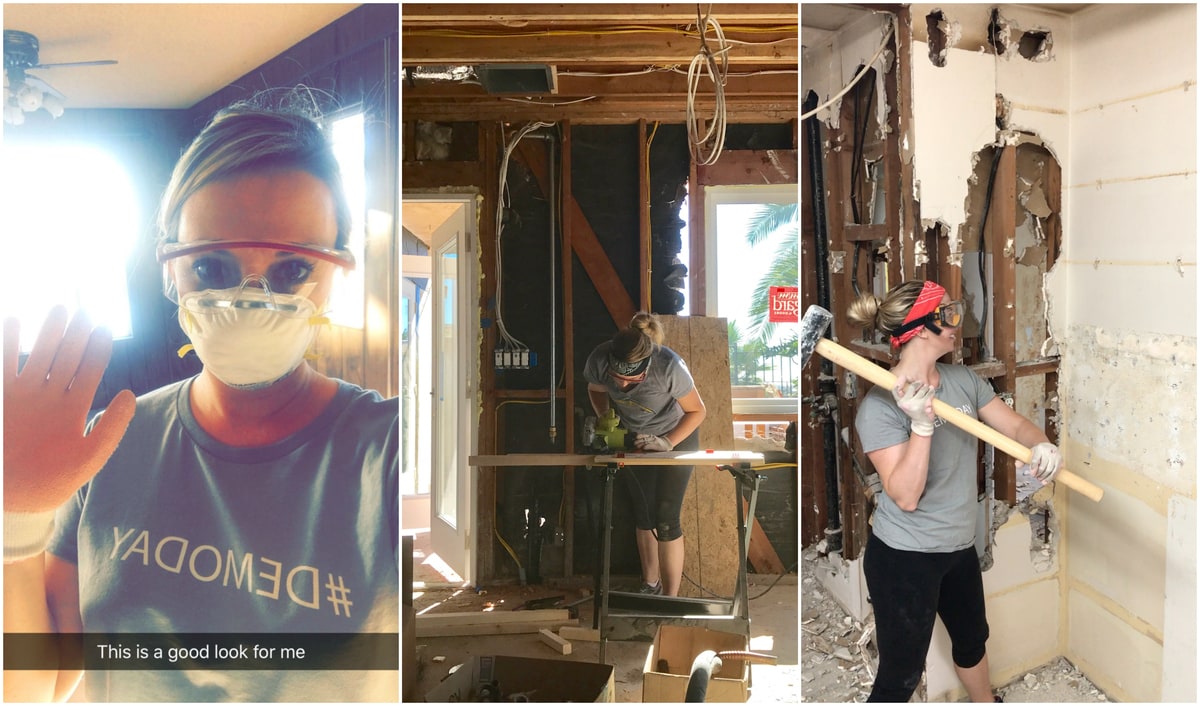 Whitney Bond using a sledge hammer to knock down a wall and sawing wood for framing.