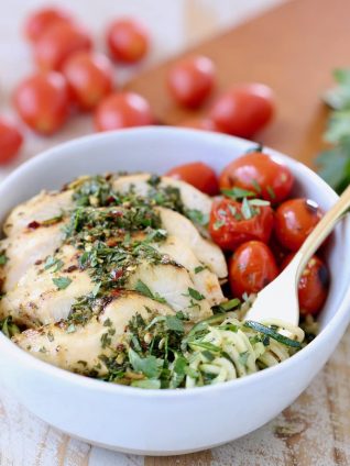 Zucchini Noodles in Gold Fork with Grilled Chimichurri Chicken and Roasted Cherry Tomatoes