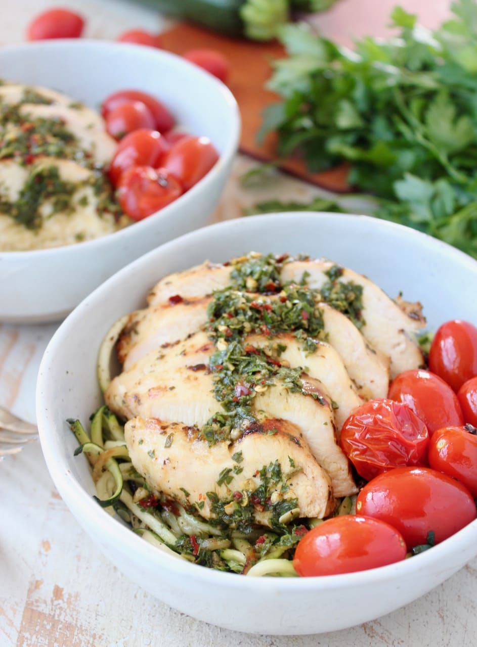 Sliced Chimichurri Chicken with Chimichurri Sauce, Zucchini Noodles and Cherry Tomatoes