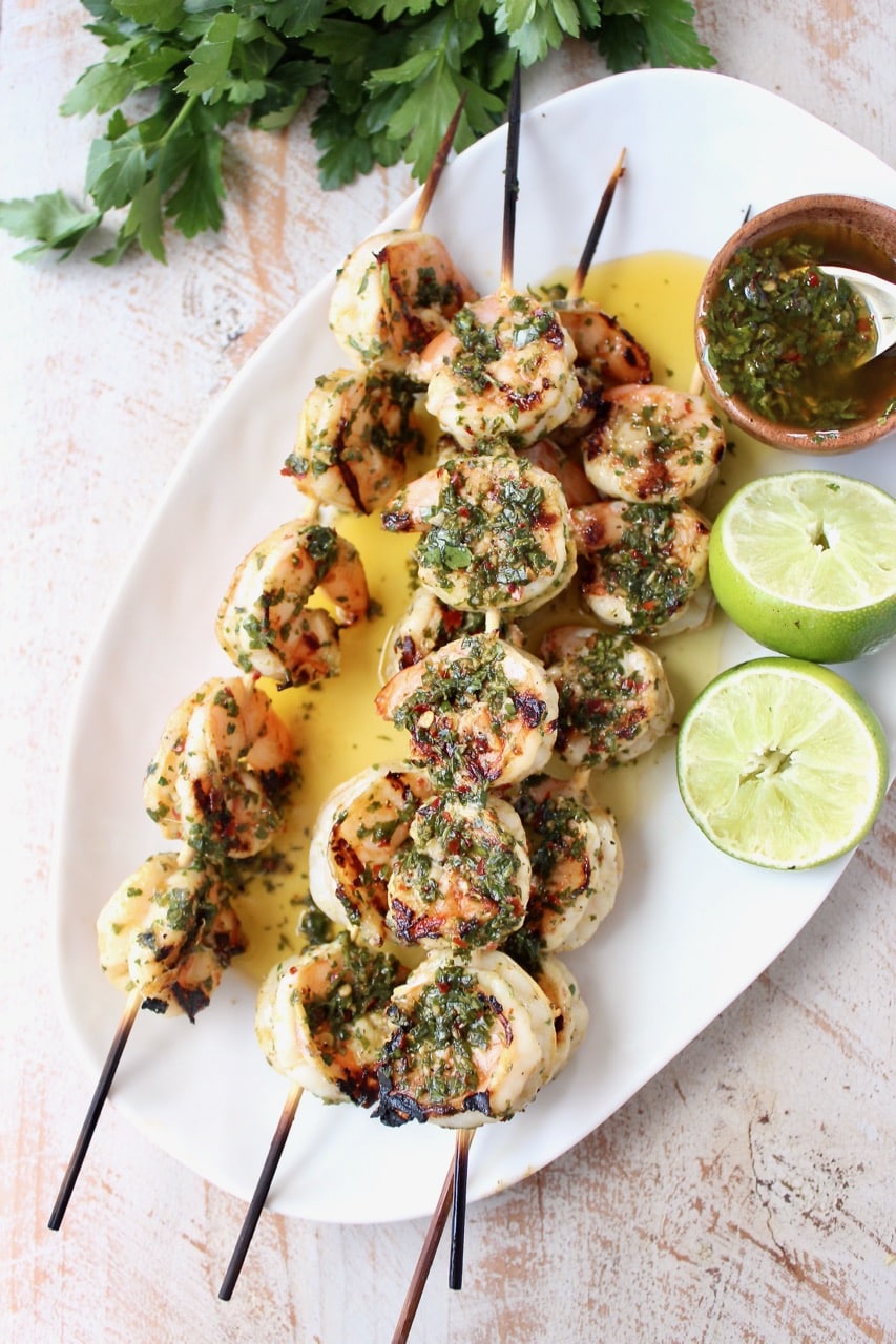 Chimichurri Shrimp Skewers with Limes and Chimichurri Sauce