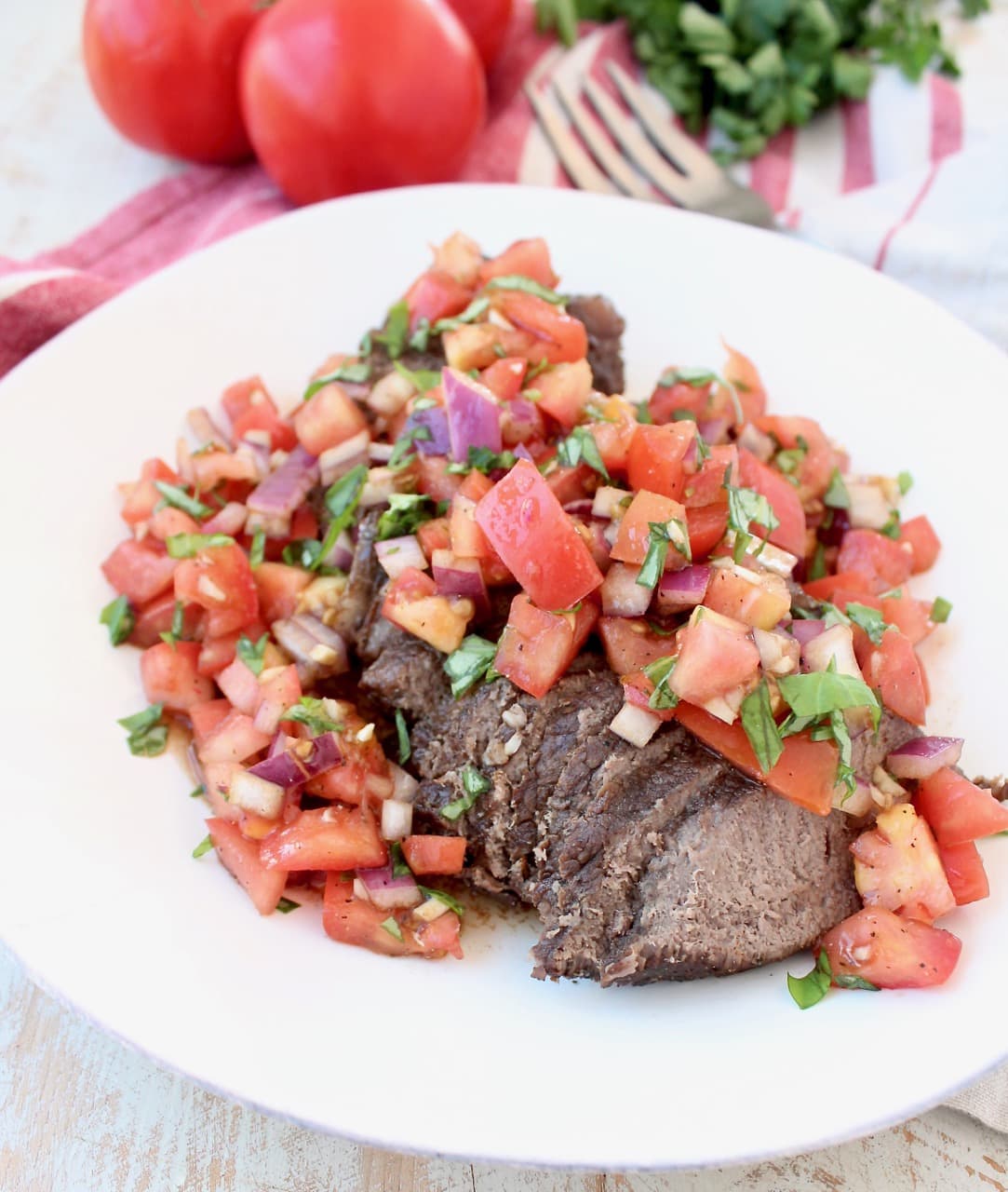 Instant Pot Beef Sliced, Topped with Tomato Basil Bruschetta