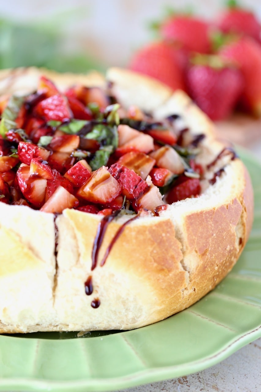 Strawberry Balsamic Baked Brie Bread Bowl on Green Plate
