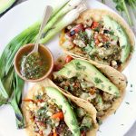 Vegan Tacos filled with Grilled Vegetables, Chimichurri Sauce and Fresh Avocado Slices