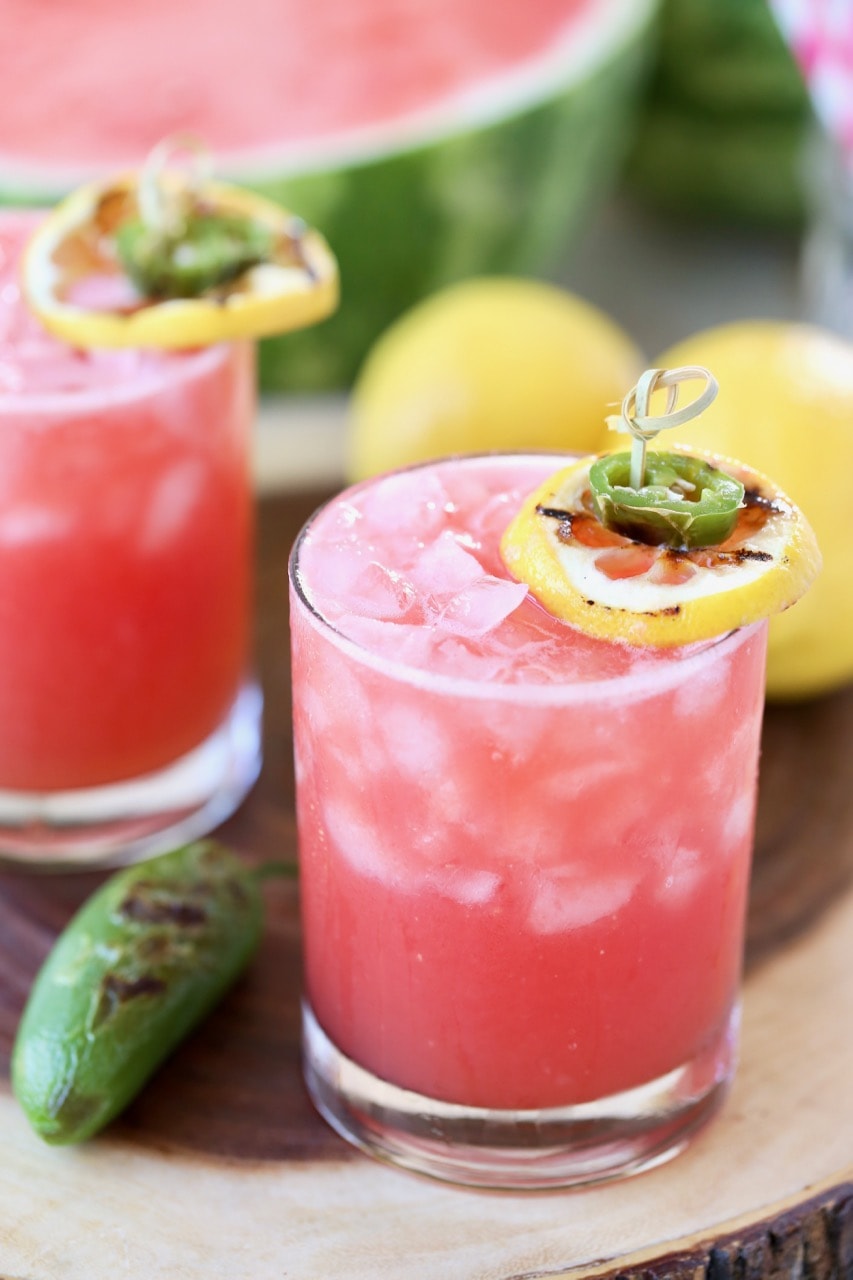 Watermelon Margarita Recipe with Grilled Jalapeno and Grilled Lemon Slice
