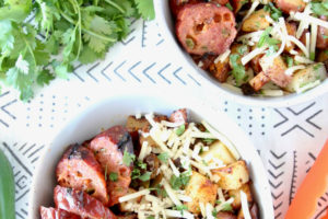 Grilled Sausage Potato Pepper Bowls with Text Overlay